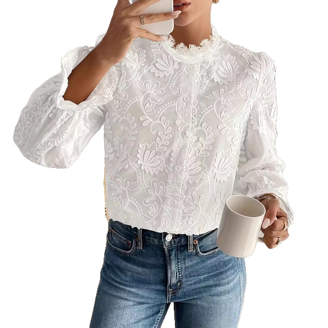 Elegant Embroidered Lace Blouse For Sophisticated Ladies In Spring And Autumn