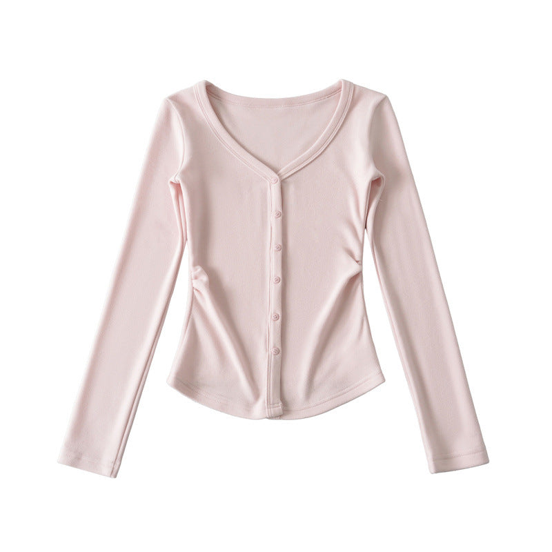 Macaron-colored V-neck Button-front Waist-cinching Top With Long Sleeves