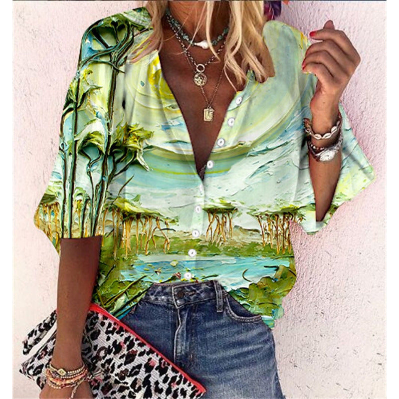 Floral-print Long-sleeve Top Fashionable V-neck Blouse For Women 3D