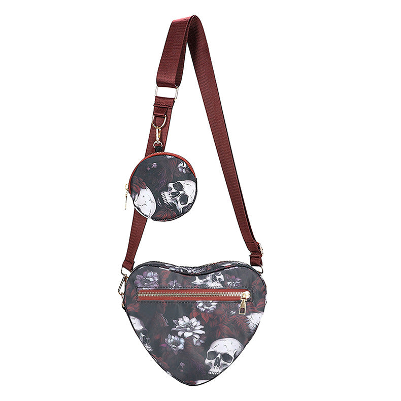 Skull Flower Printed Waterproof Oxford Cloth Large Capacity Versatile Shoulder Bag Detachable Coin Purse