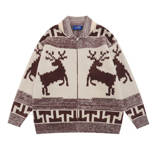 Retro Elg Jacquard Revers Cardigan Sweater