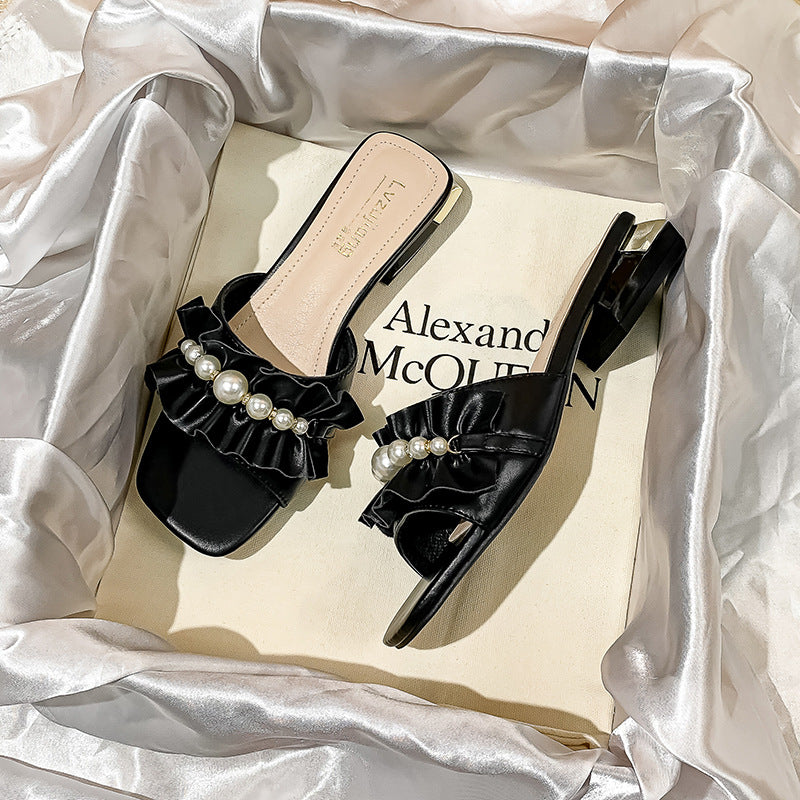 Summer New Pearl Low Heel Sandals And Slippers