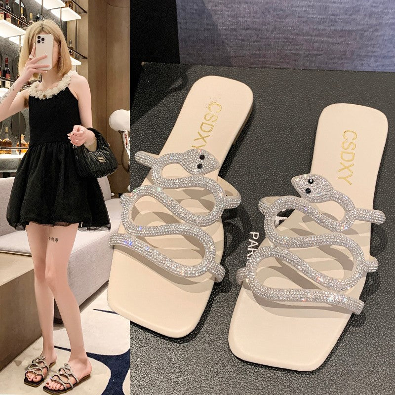 Large Size Flat Bottom Women's Rhinestone Flat Slippers