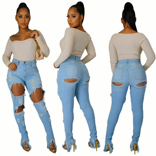 Ripped Fringe Uregelmæssig Slids Pencil Jeans