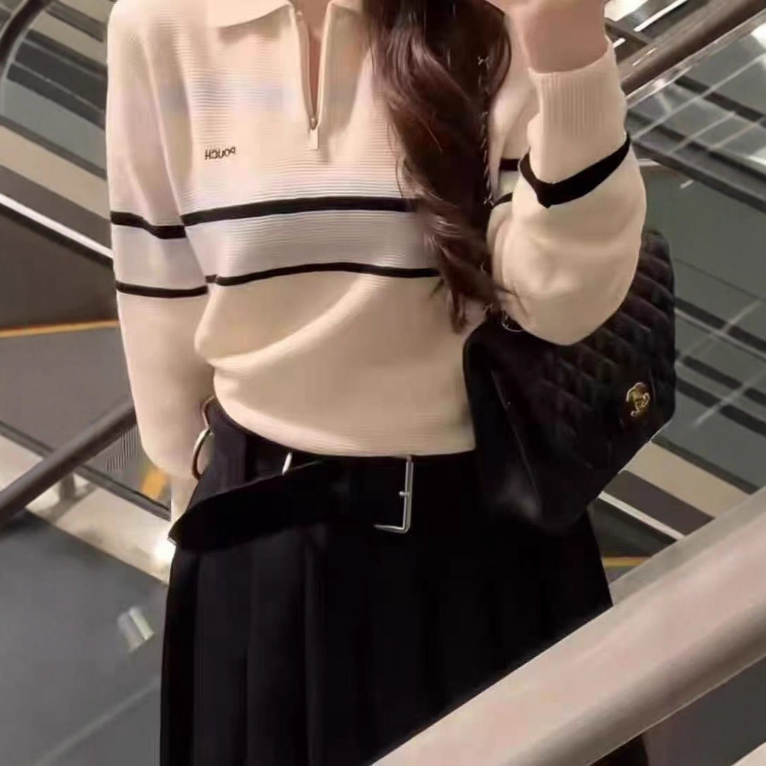 Striped Contrast Color Knitwear Women's Loose Polo Collar Pullover Sweater