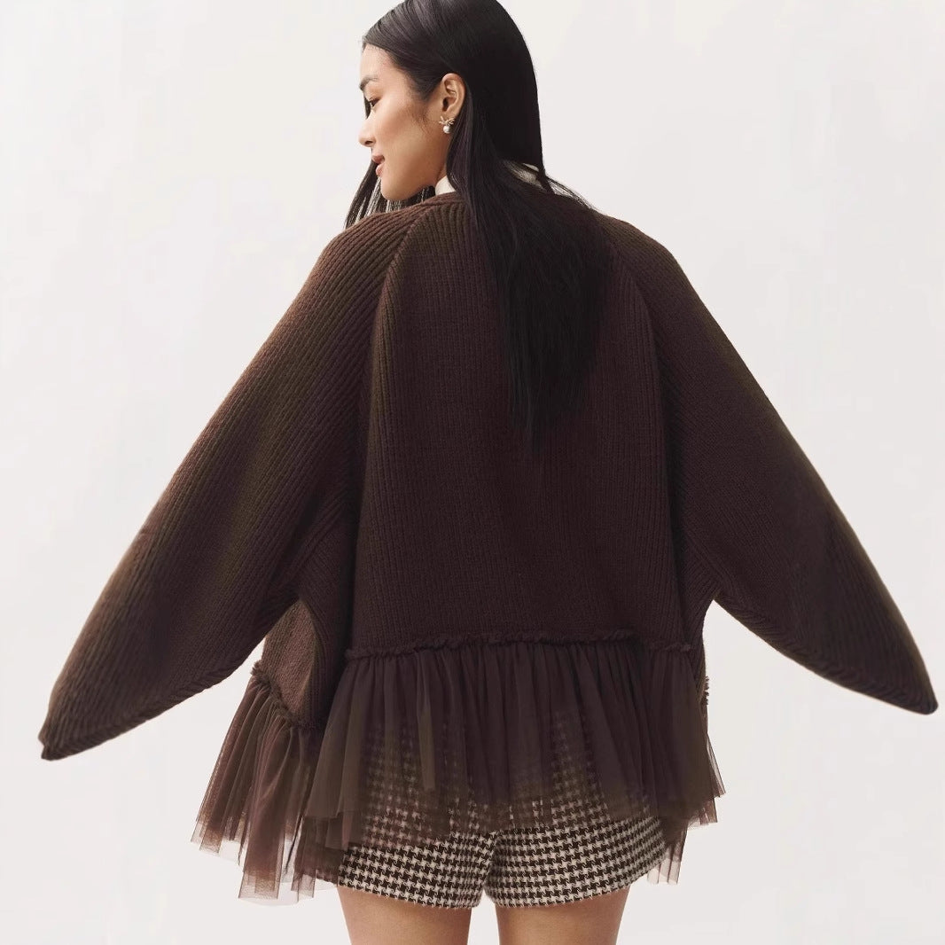 Ruffled Gauze Knitting Sweater Cardigan Long Sleeve