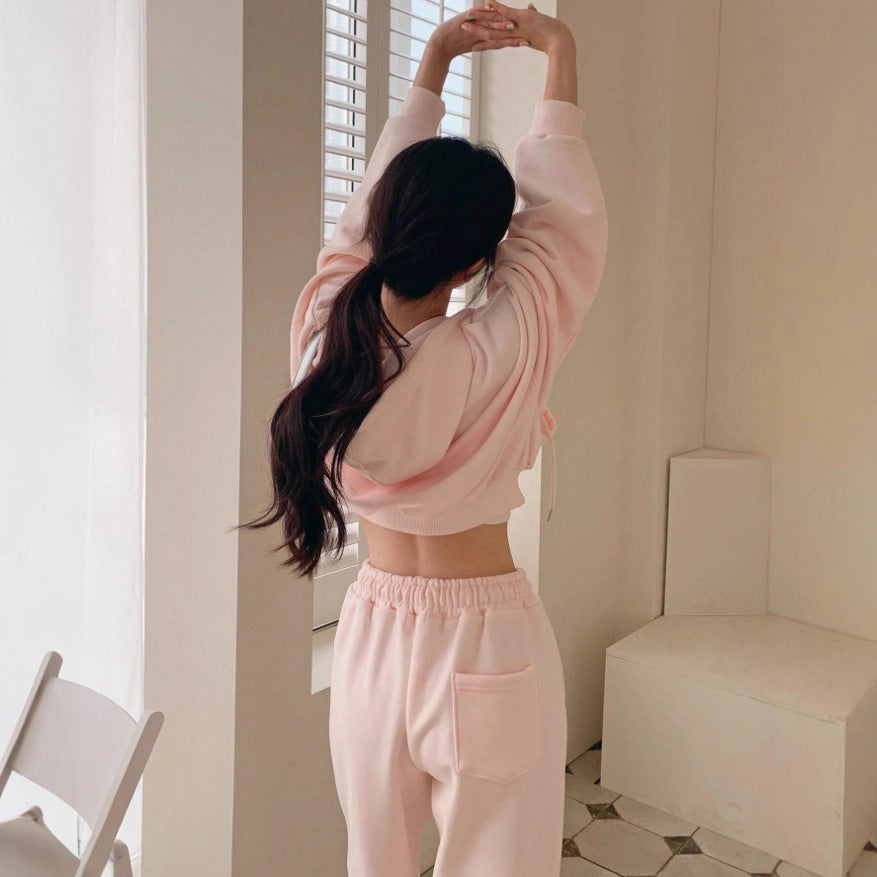 Hooded Solid Color Sweatsuit With Drawstring