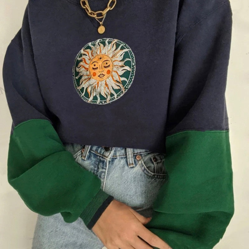 Retro marineblå strikket broderi-sweater uden hætte