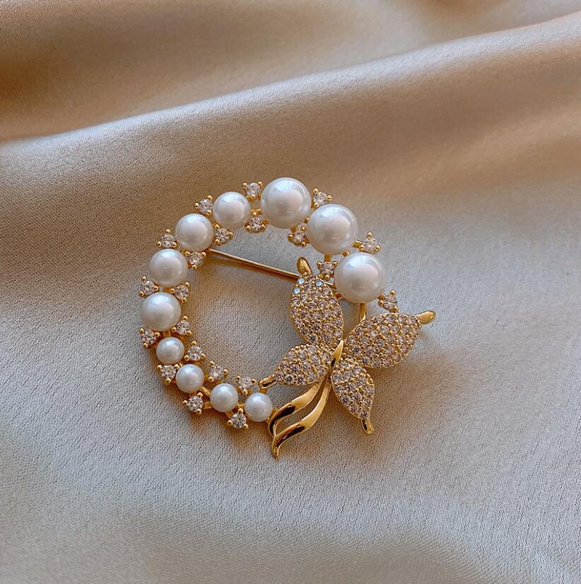 Pearl Leaf Diamond Butterfly Flower Geometric Ring Brooch