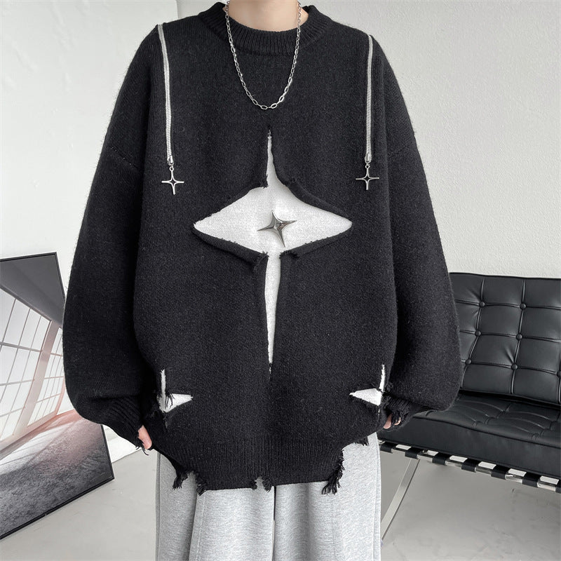 Round Neck Loose Chic Contrasting Design Sweater For Men