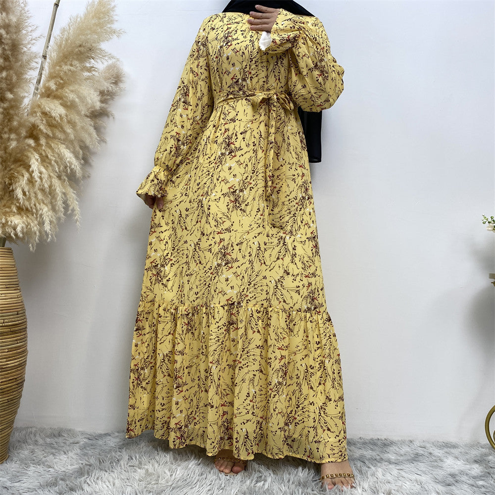 Printed Flare Sleeve Lining Fashion Chiffon Dress