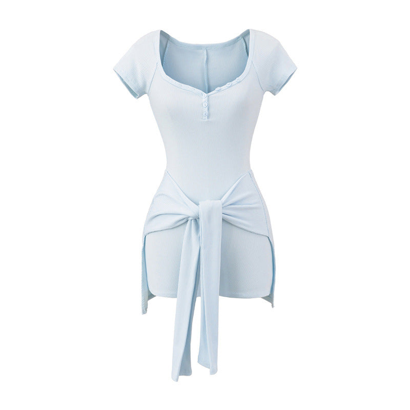 European And American Style Design Sense Peach Collar Waist Tied Jumpsuit