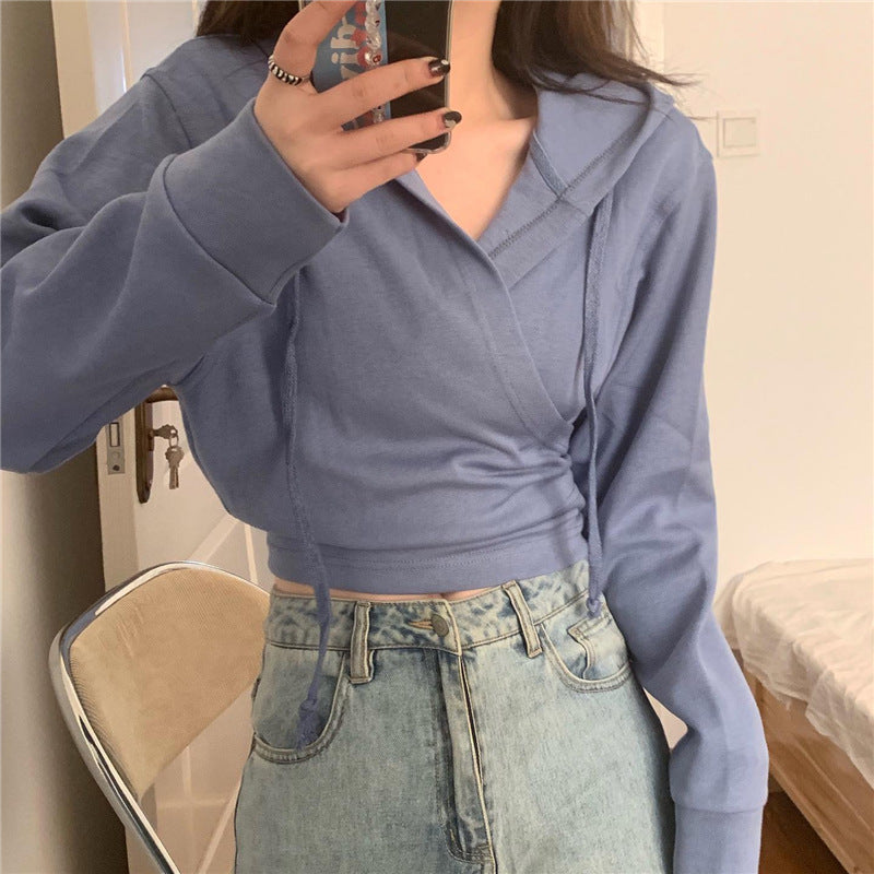 Nyt Fashion Ins Design Hættetrøje med Krydsrem og Kort Sweater