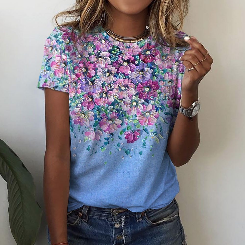 Dame T-shirt med rund hals og korte ærmer med 3D-blomsterprint