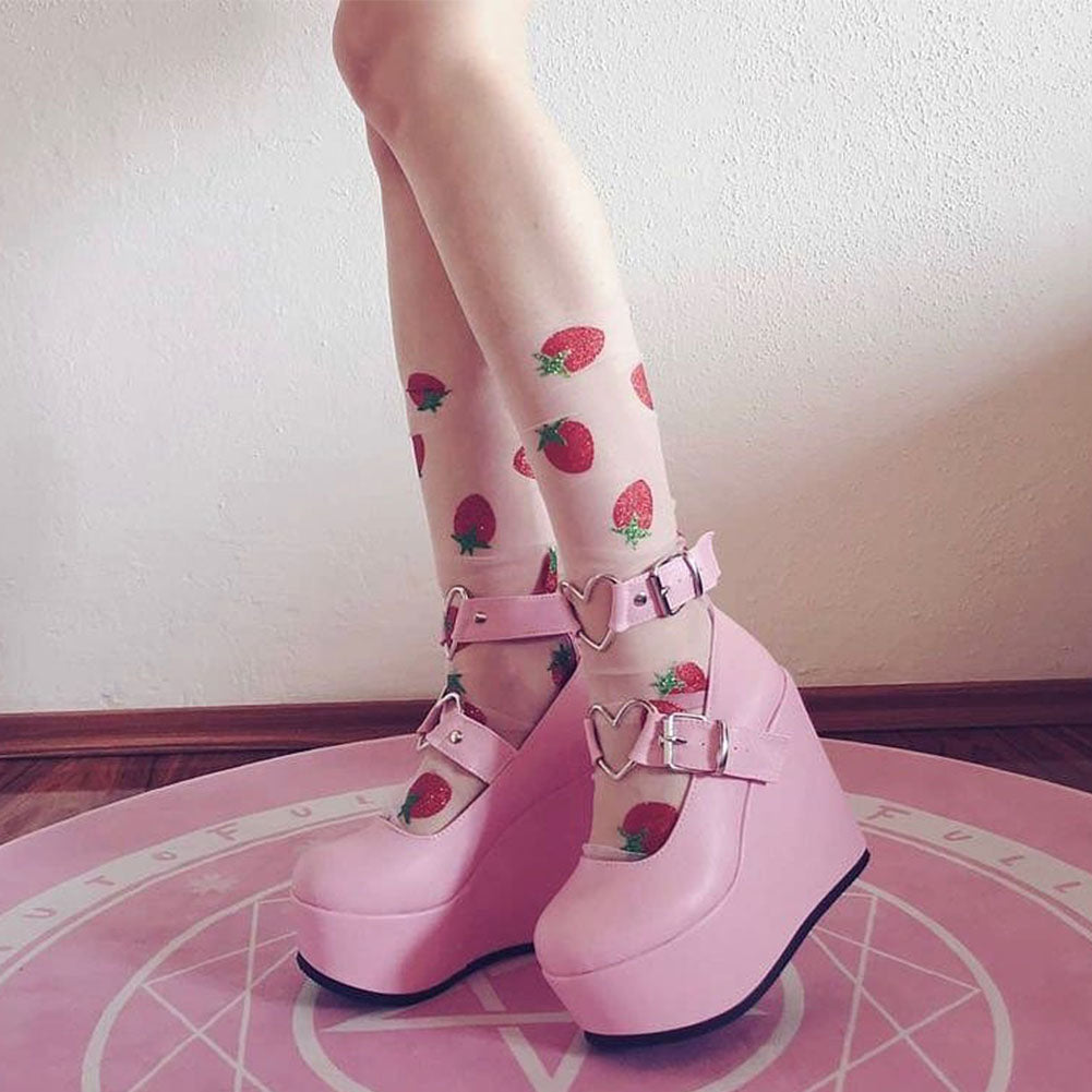 Round Toe Wedge With Solid Color Buckle Large Size Leather Shoes