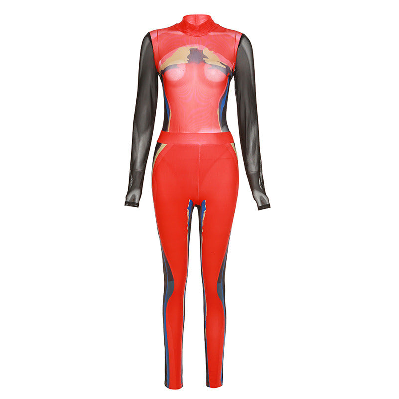 Women's Fashion Printing Slim Long-sleeved Tight Pants Set