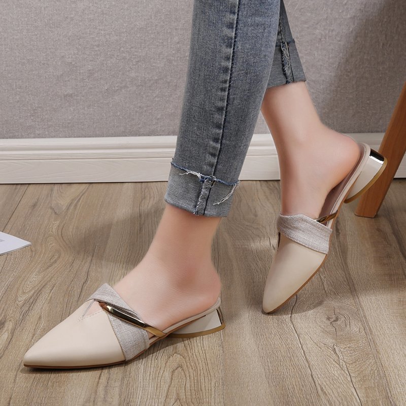 Baotou Half Slippers Pointed Toe Thick Heel Shoes Fairy Style Casual Sandals