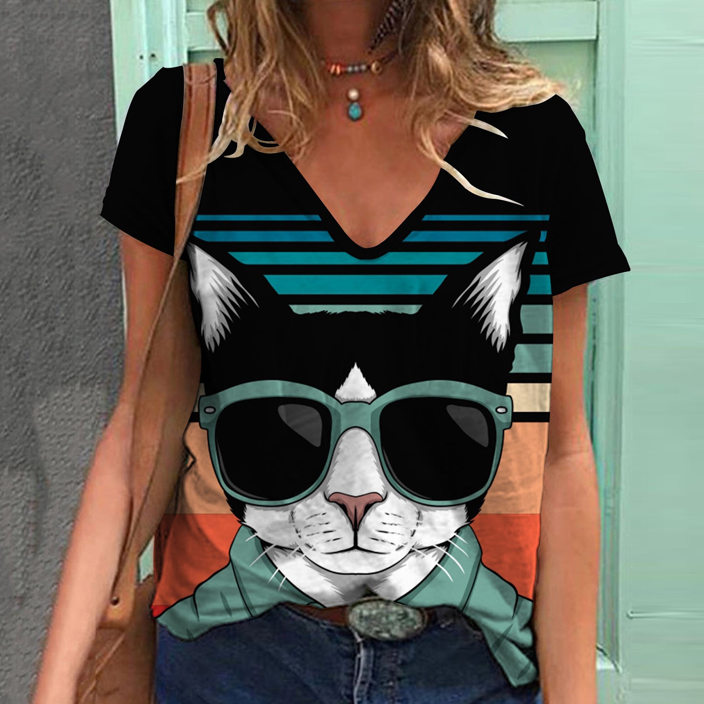 Women's Top Print V-neck Short-sleeved T-shirt