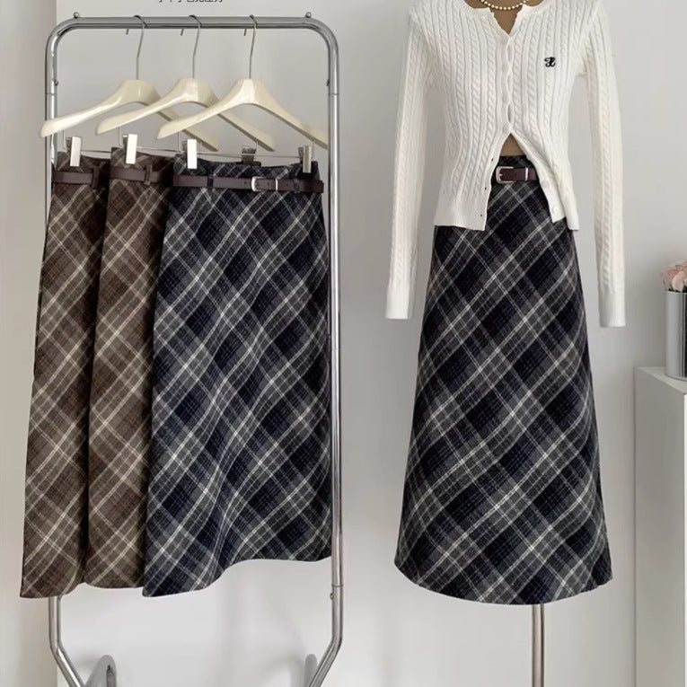 High Waist Mid-length Woolen Plaid Skirt For Women
