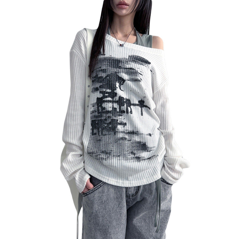 Personalized Distressed Print Diagonal Collar Loose Long-sleeve Women's Top
