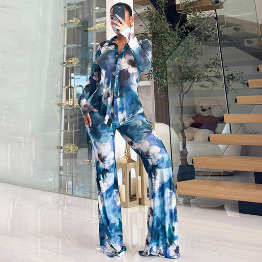 Womens Printed Cardigan And Wide-Leg Pants Set