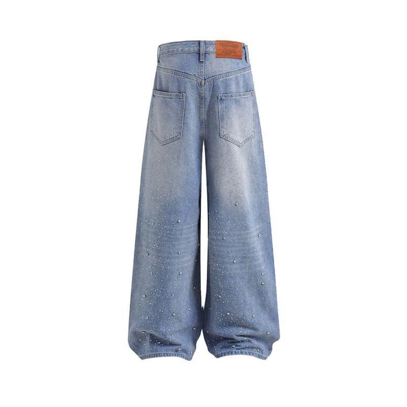 Rhinestone-embellished Relaxed-fit Jeans Casual Soft Denim Trousers