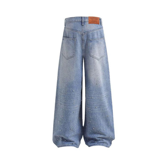 Rhinestone-embellished Relaxed-fit Jeans Casual Soft Denim Trousers
