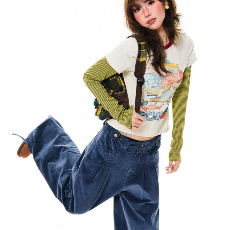Cartoon-print Faux Two-piece Long-sleeve Top