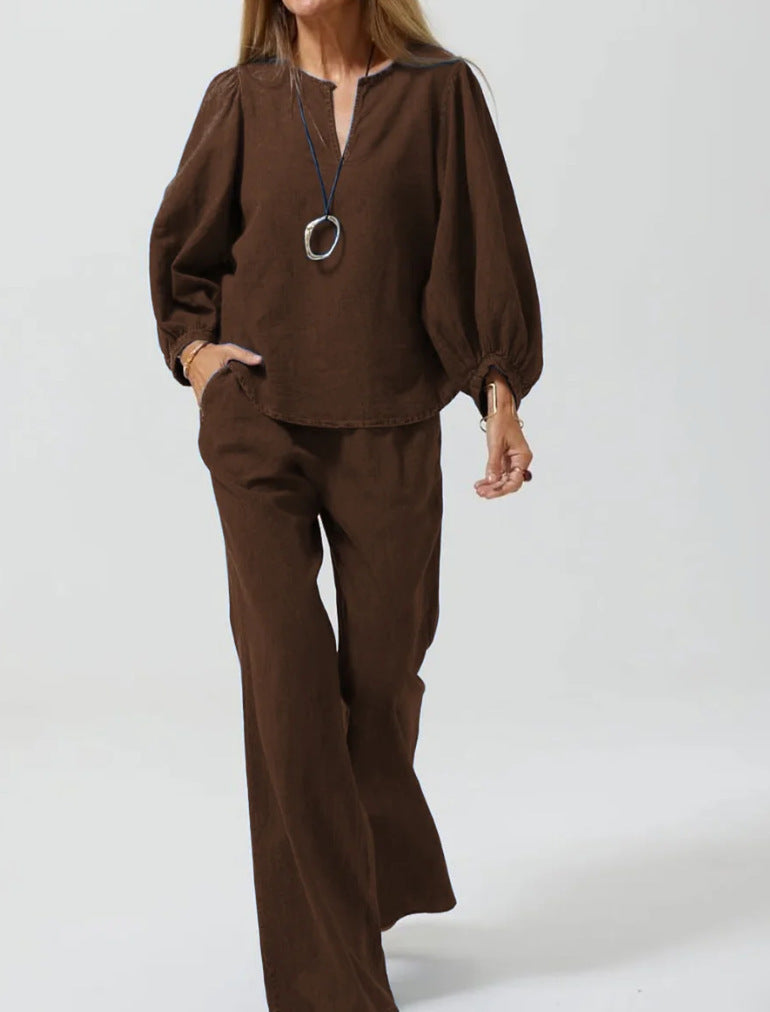 Womens Casual Long-Sleeve Cotton-Linen Top And Straight-Leg Pants Two-Piece Set