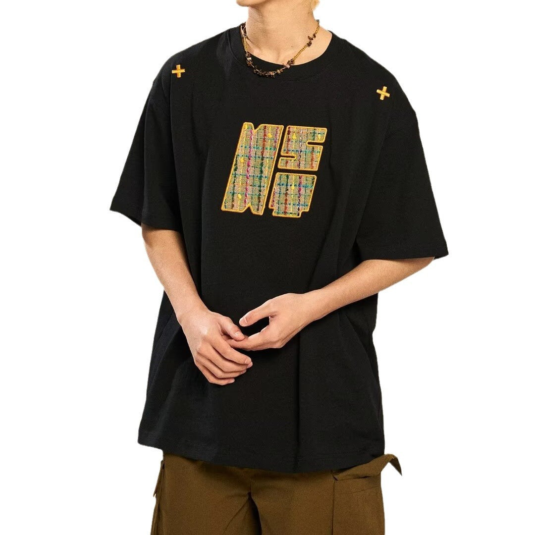 Retro Design Woven Embroidery Loose Short Sleeved T-shirt