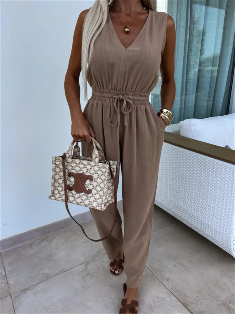 Womens Casua Elegant Solid-Color High-Waisted Sleeveless Jumpsuit
