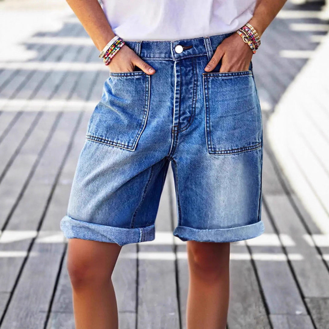 Mid-rise Bermuda Straight-leg Pants Stretchy Womens Denim Shorts