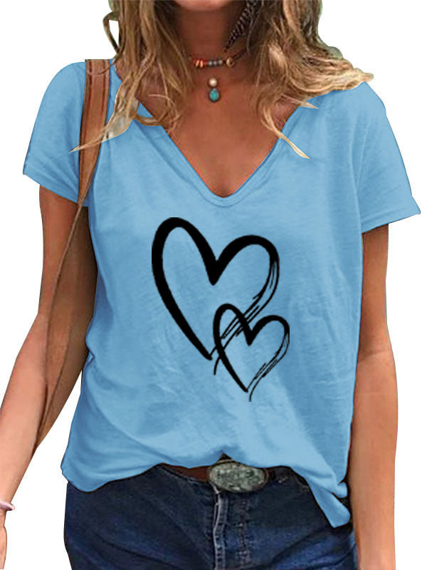 V-neck Loose Casual Heart Printing T-shirt