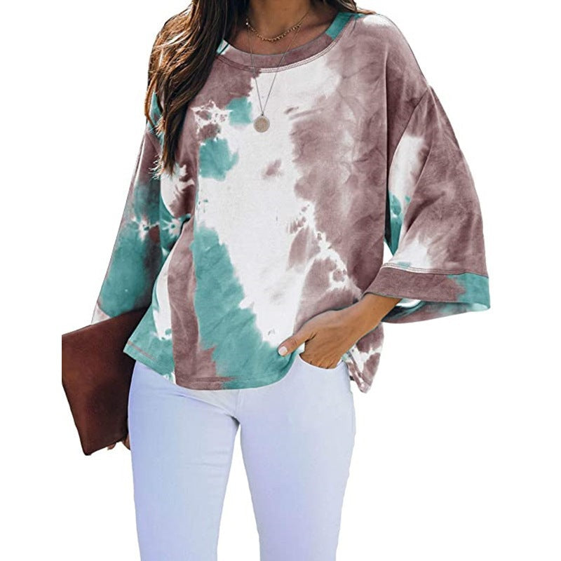 Arrival Long-Sleeve Loose Tie-Dye Gradient-Color Printed T-Shirt