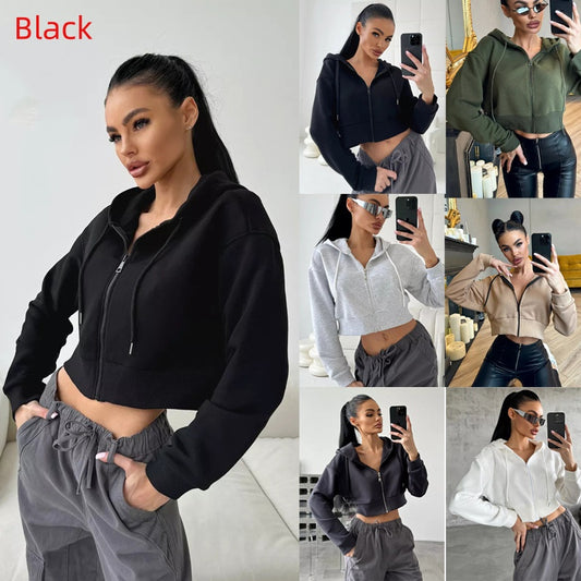 Mode Hættetrøjer Lynlås Hætte Snøre Kort Langærmet Sweater
