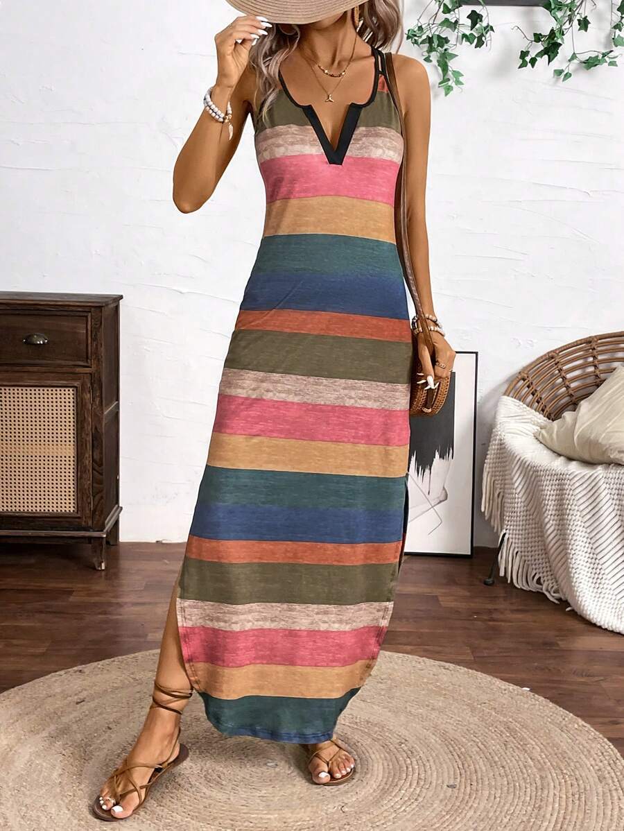 Summer New Sleeveless Strappy Striped Printed Maxi Dress
