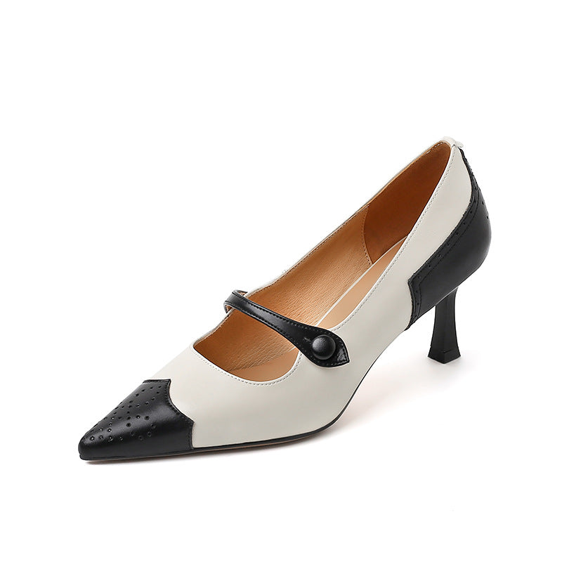British Retro Color Blocking Full Leather Fine High Heel Mary Jane Shoes