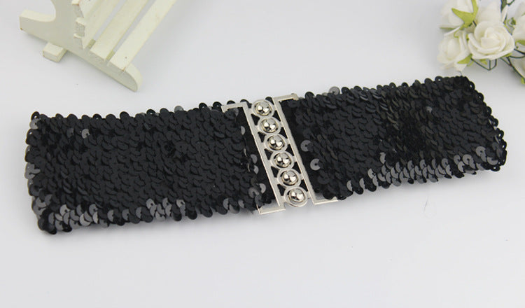 European And American Style Sequins Elastic Waistband Women's A Pair Of Buckles Mirror Fashion Style