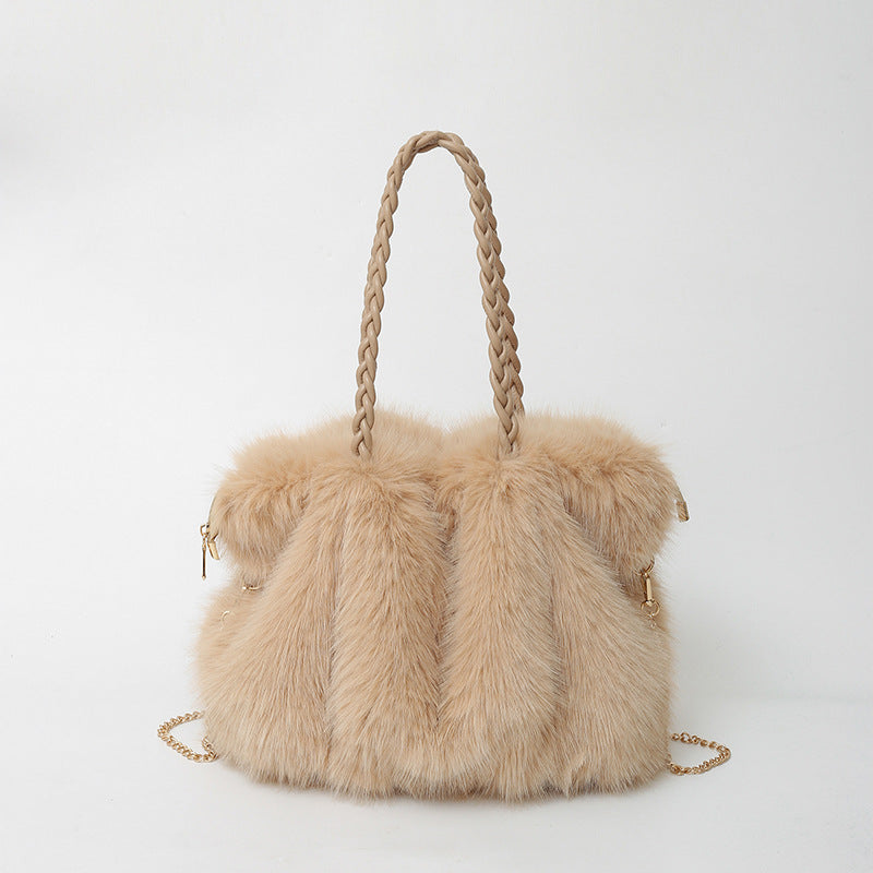New Plush High-end Fashion Pleated Faux Fox Fur Shoulder Bag