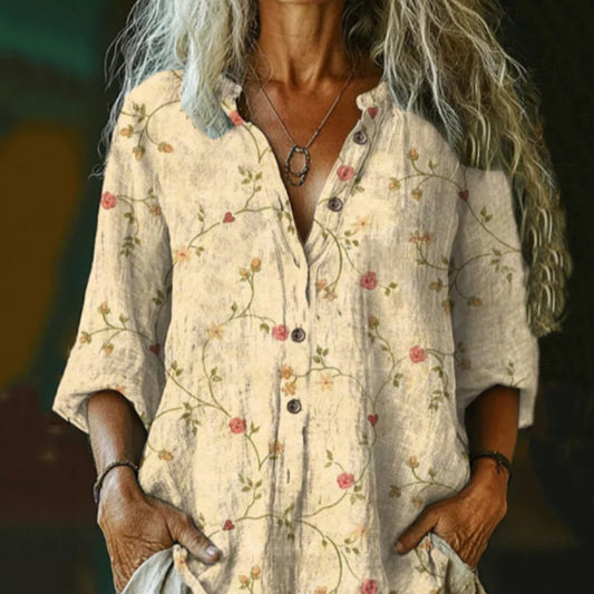 Women's Vintage Floral Art Print Cotton-Linen Casual Shirt