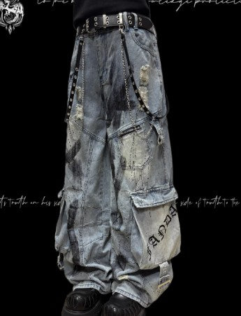 Multi-Pocket Graffiti Splatter Streetwear Ripped Wide-Leg Denim Jeans