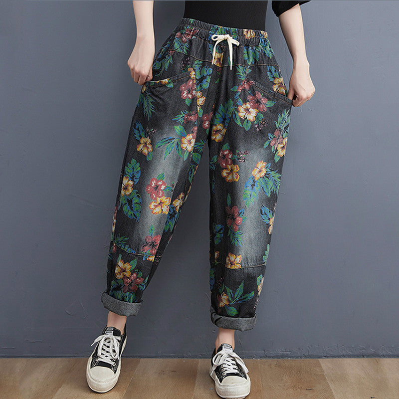 Women's Autumn Retro Print Casual Washed Jeans Harem Pants