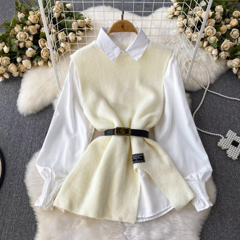 Slit Knitted Vest Shirt Western Style Youthful-looking Two-piece Set