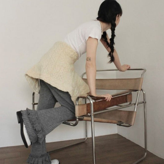 Simple Sunken Stripe Knitted Pleated Layers Of Lace Slim Fit Slimming Bootcut Pants