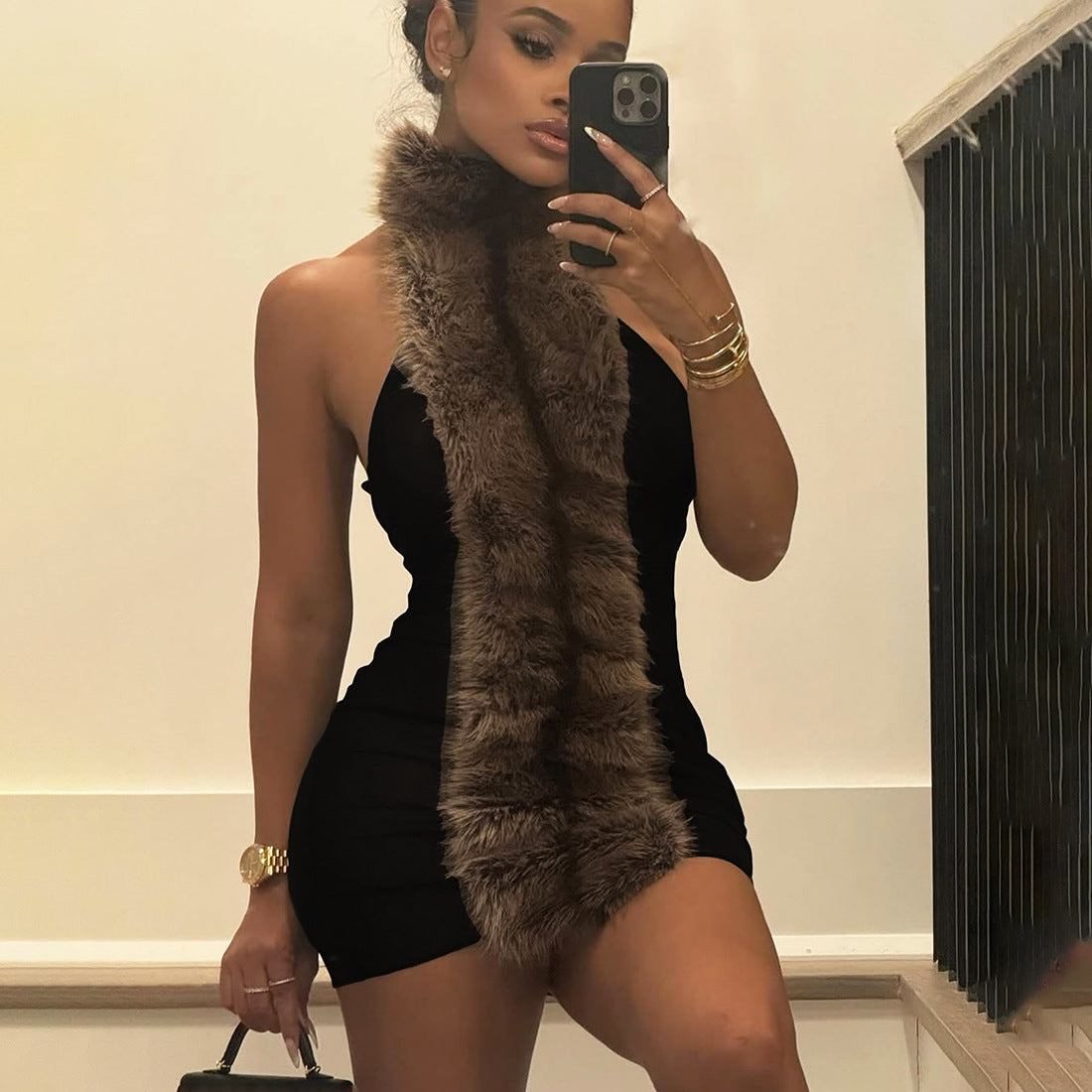 Backless Plush Patchwork Contrasting Color Bodycon Dress