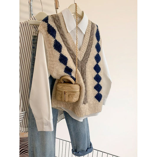 Diamond Lattice Retro Knitted Waistcoat V-neck Outerwear Sweater Vest