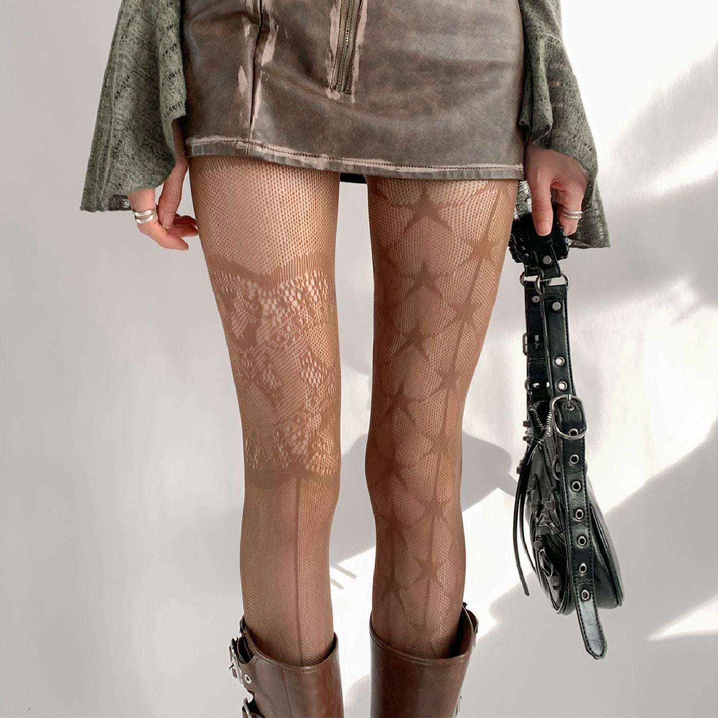 Hollow Stars Gray Silk Fishnet Stockings Female