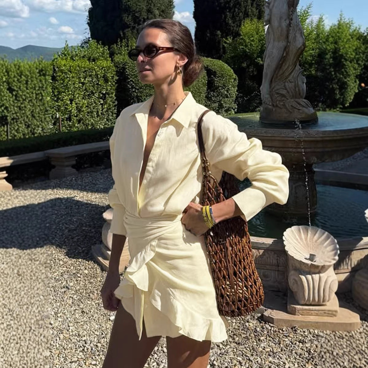 Laid-back Solid-color Belted Wrap Shirt Dress For A Relaxing Getaway