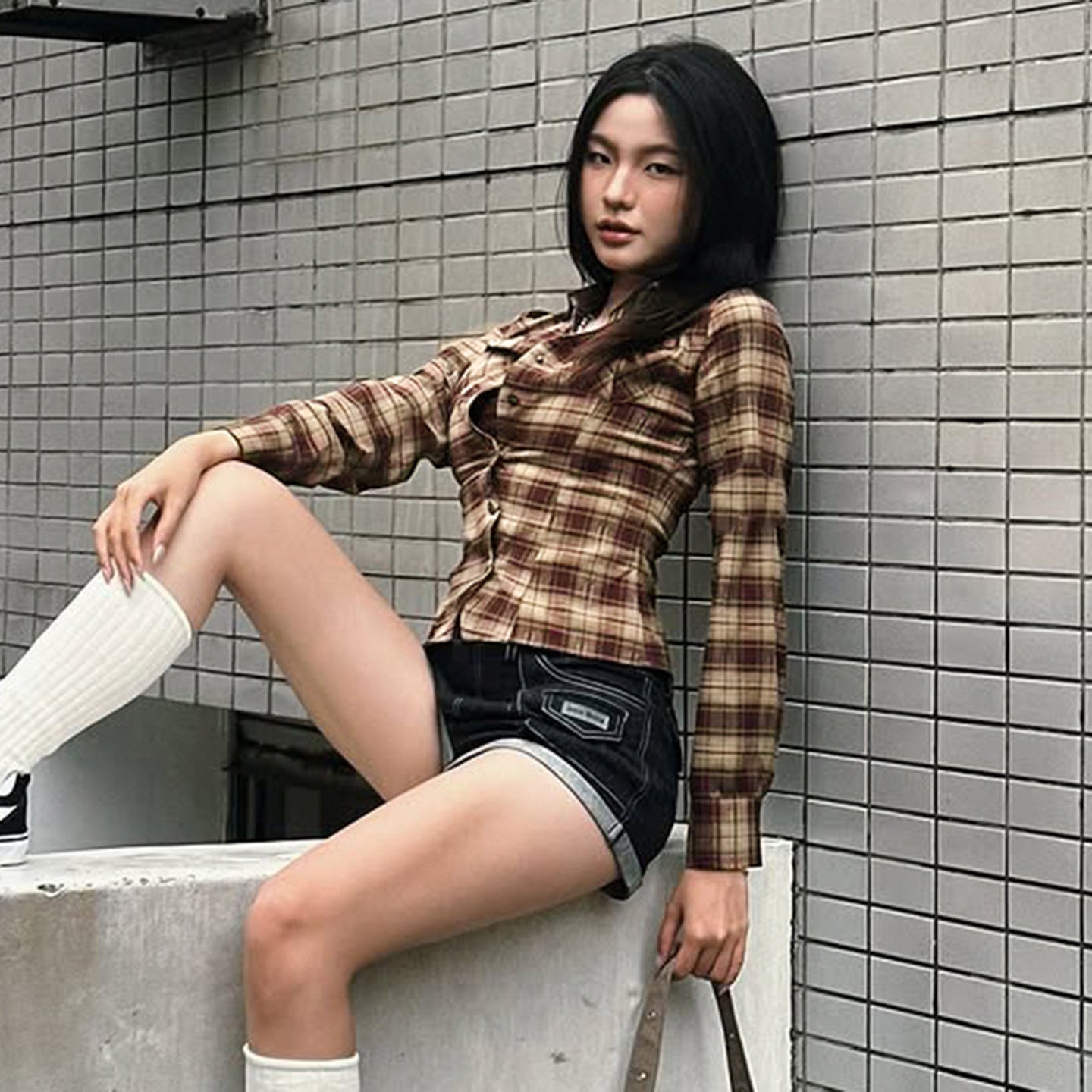 Color-contrast Check Personalized Fashion Design Pocket Long Sleeve Top