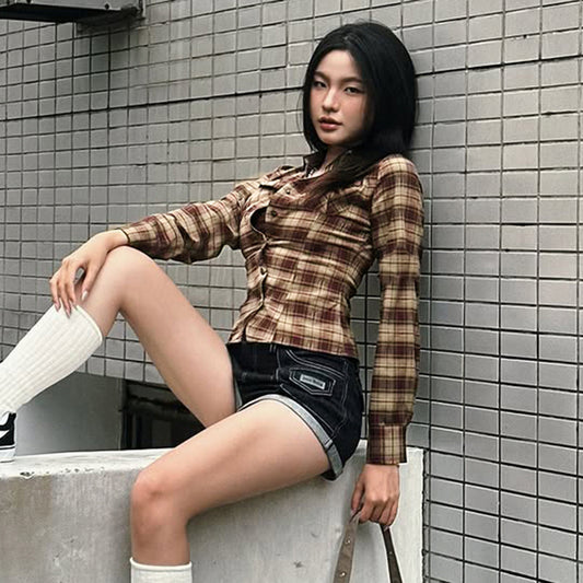 Color-contrast Check Personalized Fashion Design Pocket Long Sleeve Top